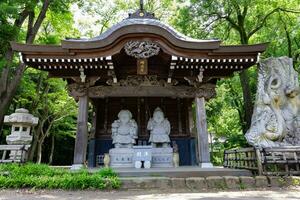 japansk väktare statyer på de traditionell gata i tokyo foto