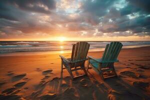 ai genererad två däck stolar silhouetted på solnedgång strand, skön soluppgång bild foto