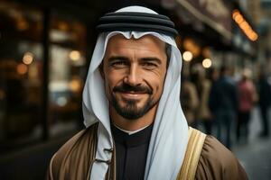 ai genererad stolt arab man i traditionell klädsel stående utomhus, islamic bilder foto