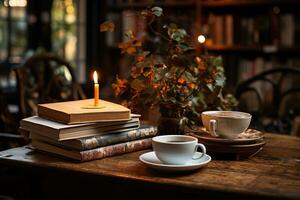 ai genererad vuxen klunkar kaffe uppslukad i en bok på en pittoresk Kafé, skön bok bilder foto