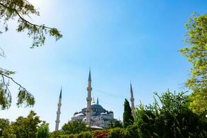 islamic bakgrund Foto med kopia Plats. blå moské eller sultanahmet moské
