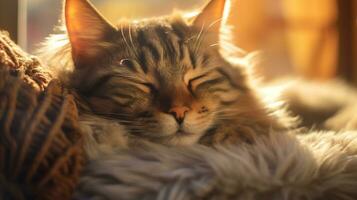 ai genererad Foto av en katt tupplur i en solstråle på en mjuk matta. generativ ai