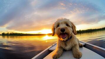 ai genererad Foto av en hund njuter en båt rida på en lugn sjö. generativ ai