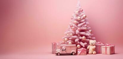 ai genererad genererad bild jul rosa bakgrund med ny år träd och gåva leksaker, jul gåva låda, gran träd och dekorationer på rosa layout. närbild med kopia Plats. foto
