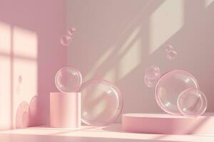 ai genererad elegant rosa podium skede med faller tvål bubblor för varumärke monter foto