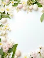 ai genererad påsk ägg och blomma på vit bakgrunder med copyspace. minimalistisk pastell blommig vår mall med kopia Plats. topp se av löv för tömma östra hälsning kort, tom baner. foto