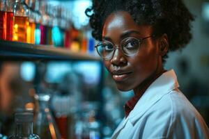 ai genererad i de allra senaste laboratorium, de skicklig Afroamerikan kvinna forskare passionerat utforskar de riken av vetenskap och medicin foto
