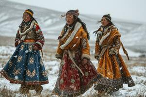 ai genererad kvinnor i nationell mongoliska klänningar fira de vit vinter- månad Semester i mongoliet, sagaalgan foto