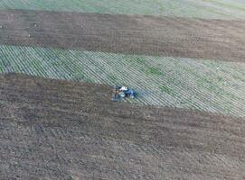 topp se av de traktor den där plogar de fält. diskning de jord. jord odling efter skörda foto