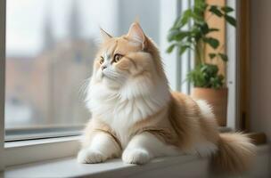 ai genererad bild av en söt katt sittande på en fönsterkarm foto