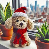 ai genererad en söt ull- fluffig hund på en fönster tröskel med en inlagd växt i de bakgrund, bär en santa scarf och hatt foto
