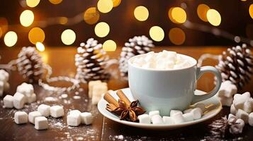 ai genererad jul humör, kopp av varm choklad med marshmallows på en rustik trä- tabell, på en suddig bakgrund foto