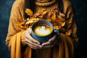 ai genererad kopp av kaffe och med kvinnas hand, falla löv på blå bakgrund. topp se. generativ ai. foto