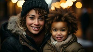 ai genererad en leende blandad lopp svart mamma och barn i de stad fyrkant, vinter- säsong, Lycklig högtider. generativ ai foto