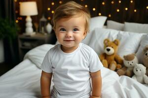 ai genererad bebis bär en vit kroppsdräkt skjorta är Sammanträde på en säng i en sovrum. generativ ai. foto