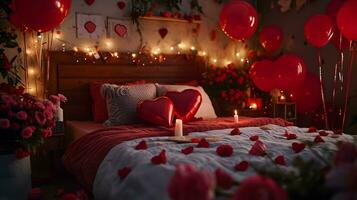 ai genererad valentine dag tema med hjärta ballonger och ro foto