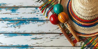 ai genererad mexico festlig trä- bakgrund med sombrero, serape och maracas i platt lägga se foto