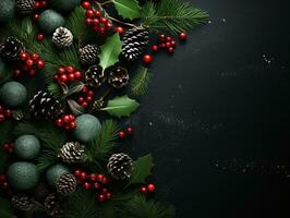 ai genererad topp ner perspektiv av festlig jul dekorationer en ny år grön bakgrund foto