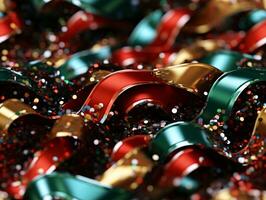 ai genererad sömlös mönster färgrik suddig lampor konfetti serpentin jul bakgrund med bokeh foto