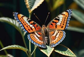 ai genererad en fjäril med blå och orange vingar är på en grön blad foto