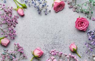 färgad Gypsophila blommor och rosa ro på betong bakgrund foto