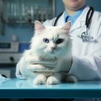 ai genererad veterinär innehav en vit katt i en veterinär klinik på en tabell foto