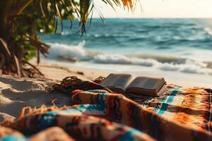 ai genererad en bok på en strand med de hav i de bakgrund foto