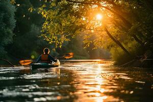 ai genererad fotografera av en person Kajakpaddling i de flod. foto