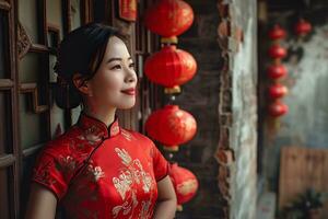 ai genererad bild av en ung asiatisk kvinna bär en röd klänning på de kinesisk ny år festival foto