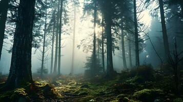 ai genererad mystisk morgon, solstrålar belysande en skog spår foto
