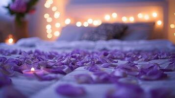 ai genererad drömmande lila kronblad och mjuk lampor sovrum roman foto