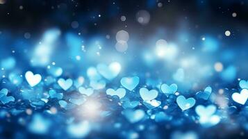 ai genererad skön bakgrund med blå hjärtan, lampor, pärlar och bokeh. hjärtans dag kort. blå hjärta formad bokeh valentines bakgrund foto