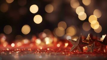 ai genererad festlig röd bokeh bakgrund med glittrande lampor gyllene stjärnor, perfekt för jul och ny år eve partier. begrepp av en bländande Semester säsong. foto