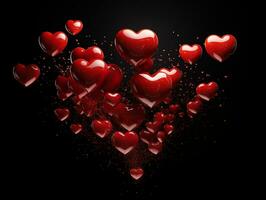 ai genererad röd hjärta ballonger på en svart bakgrund, hjärtans dag, kärlek begrepp. valentine bakgrund med kopia Plats foto