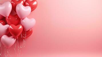 ai genererad hjärtans dag rosa hjärtformade ballonger, baner med copyspace, kärlek bakgrund begrepp, tom Plats, platt lägga med Plats för text foto