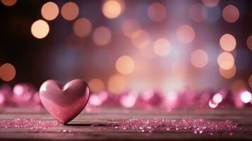 ai genererad skön bakgrund med röd glitter hjärtan, lampor, pärlar och bokeh. hjärtans dag kort. hjärta formad bokeh valentines bakgrund foto
