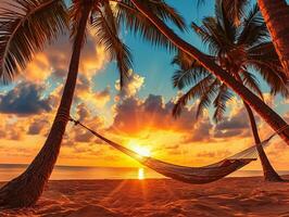ai genererad hängmatta på strand på skön solnedgång nära hav Strand bifogad till en handflatan träd. karibiska semester foto