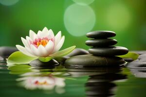 ai genererad lyxig exklusiva wellness spa för avslappning med lotus, bambu och orkide blommor och ljus foto