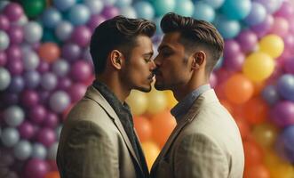 Lycklig Gay lgbtq samma sex par som visar kärlek och tillgivenhet till varje Övrig foto