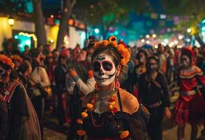 ai genererad mexikansk Semester dag av de död, aztec firande när familjer hedra deras förfäder foto