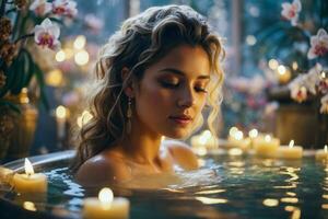 ai genererad skön kvinna tar arom bad med ljus i en lyxig exklusiva wellness spa foto