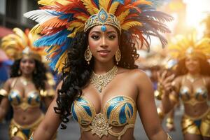 ai genererad barziliansk karneval parad i rio med skön damer dans samba i befjädrad kostymer foto
