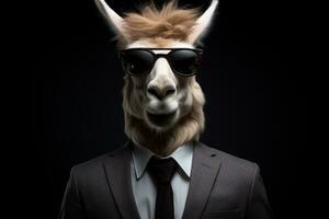 ai genererad porträtt av en modern lama bär solglasögon på en svart bakgrund. foto