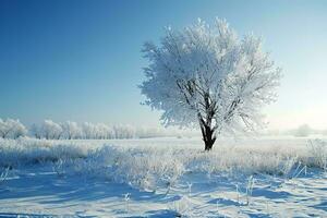 ai genererad enslig träd står täckt i frost mot en ljus blå himmel, omgiven förbi en ren snöig landskap med fotspår spridd tvärs över de förgrund. foto