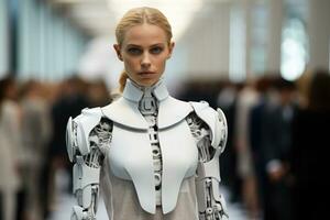 ai genererad humanoid robot med invecklad mekanisk detaljer, stående i en fullt med folk område foto