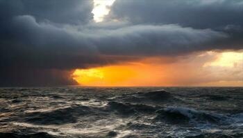 ai genererad en stormig solnedgång över de hav med vågor foto