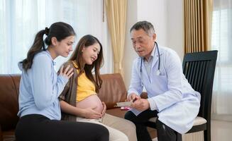 asiatisk gravid kvinna och henne vän besök gynekolog läkare på medicinsk klinik för graviditet konsult. de läkare förklarar de resultat av de hälsa undersökning av de bebis och mor. foto