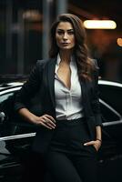 ai genererad självsäker affärskvinna i elegant kostym nära lyx bil foto