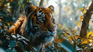 ai genererad majestätisk tiger stirrande spänt i frodig skog miljö. foto