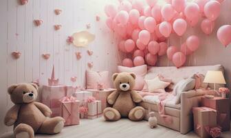 ai genererad barns rum med rosa säng, ballonger och teddy Björn. en sovrum Utsmyckad med rosa ballonger, teddy björnar, och gåva lådor foto